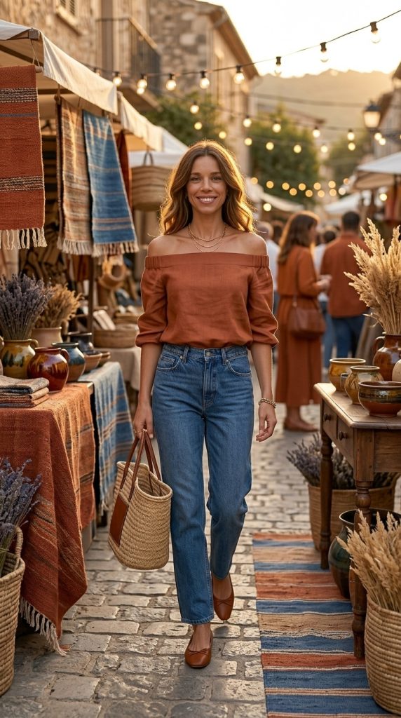 Relaxed Jeans with Off-Shoulder Top