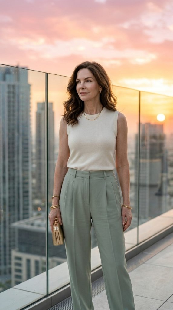 Sleeveless Knit Top With Pleated Trousers