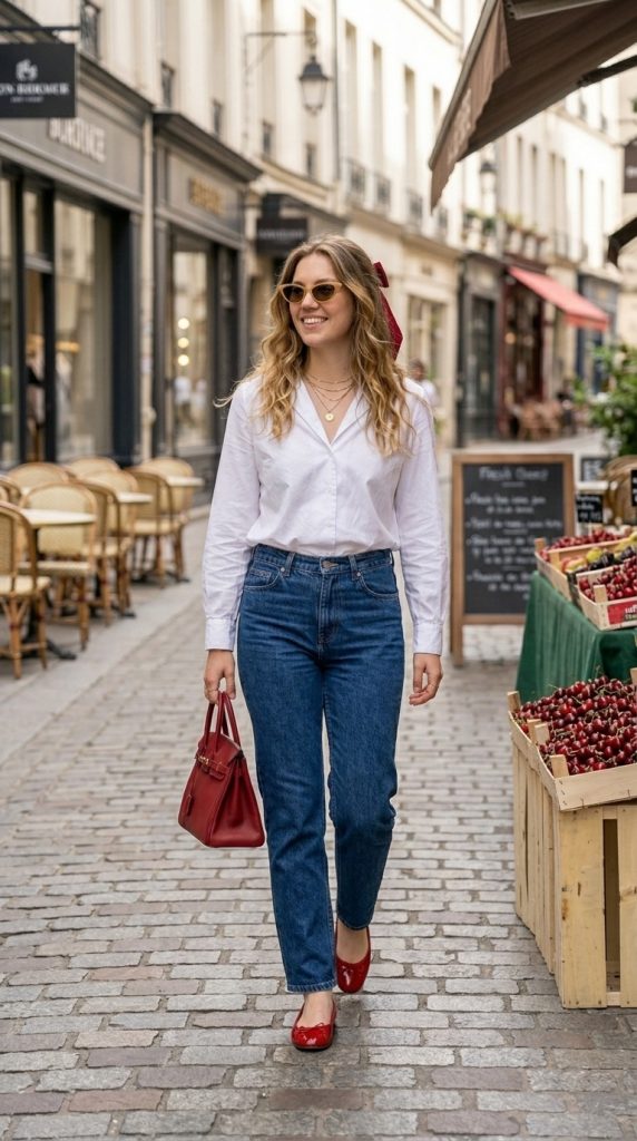 White Blouse with Red Accessories and Jeans