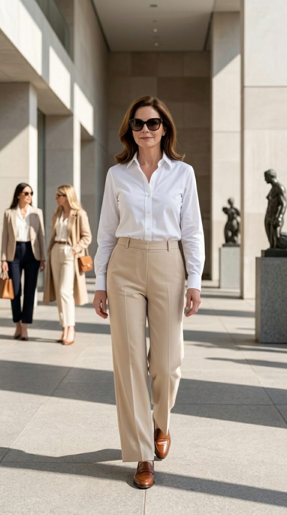 White Oxford Shirt With Beige Wide-Leg Pants