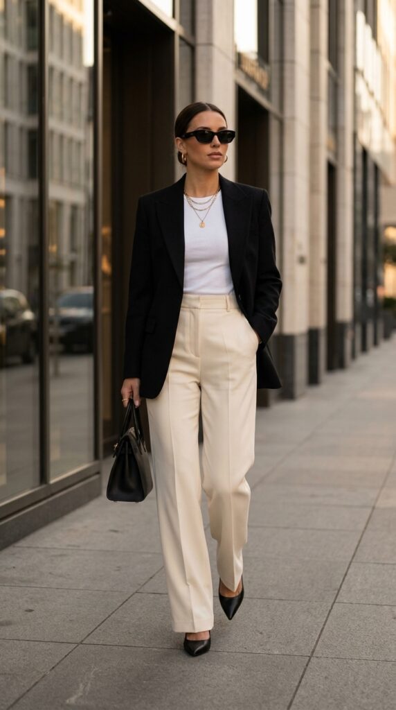 Black Blazer, White Tee, And Wide-Leg Trousers