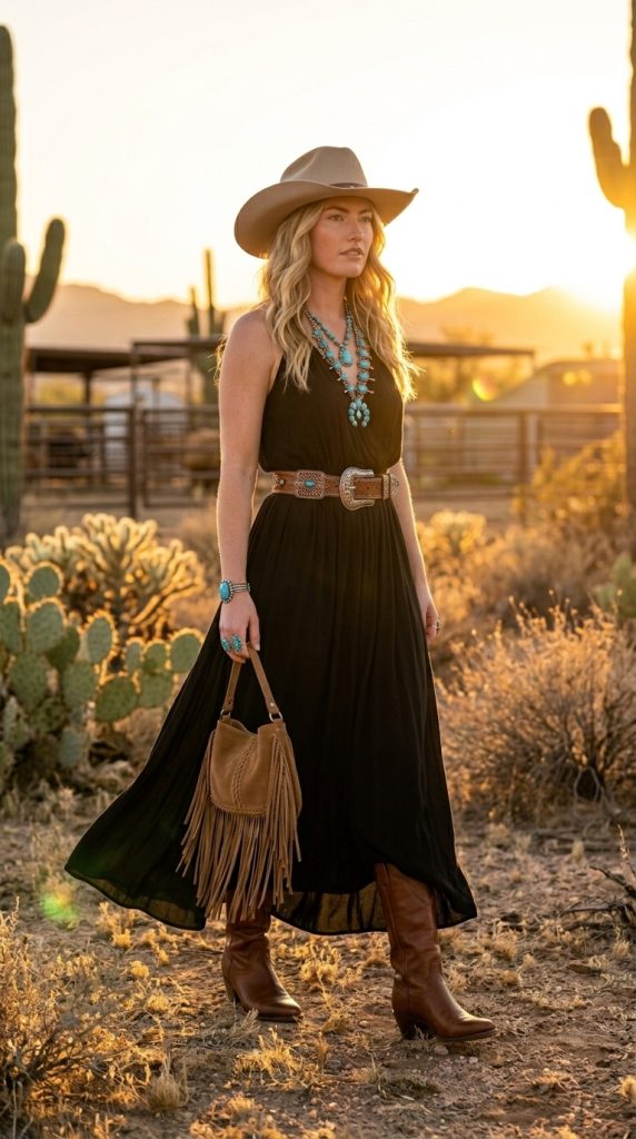 Black Maxi Dress with Western Accessories