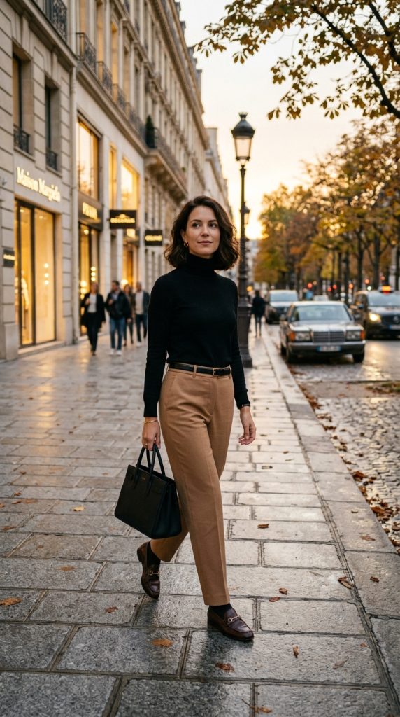 Black Turtleneck With Camel Tailored Pants
