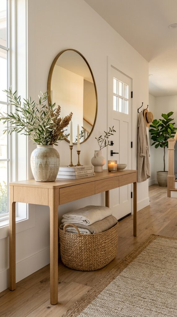 Blanket Basket Under the Console Table