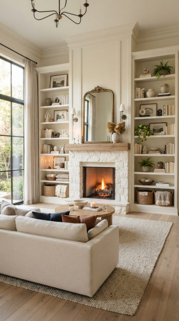Built In Shelving Around A Fireplace