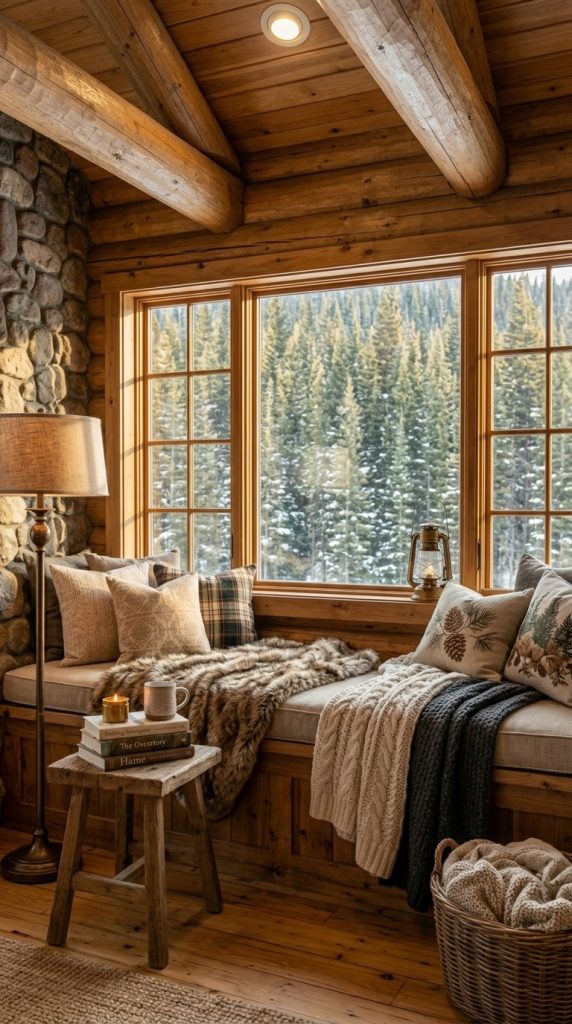 Cabin Window Bench with Forest Views