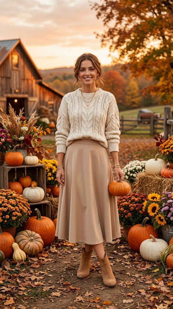 Cable Knit Sweater with Midi Skirt