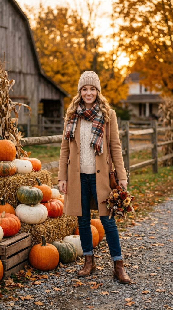 Camel Coat with Sweater and Jeans