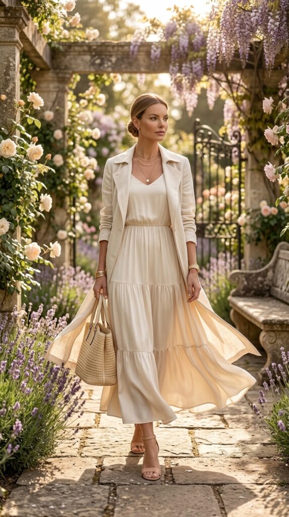 Cream Maxi Dress with Lightweight Trench