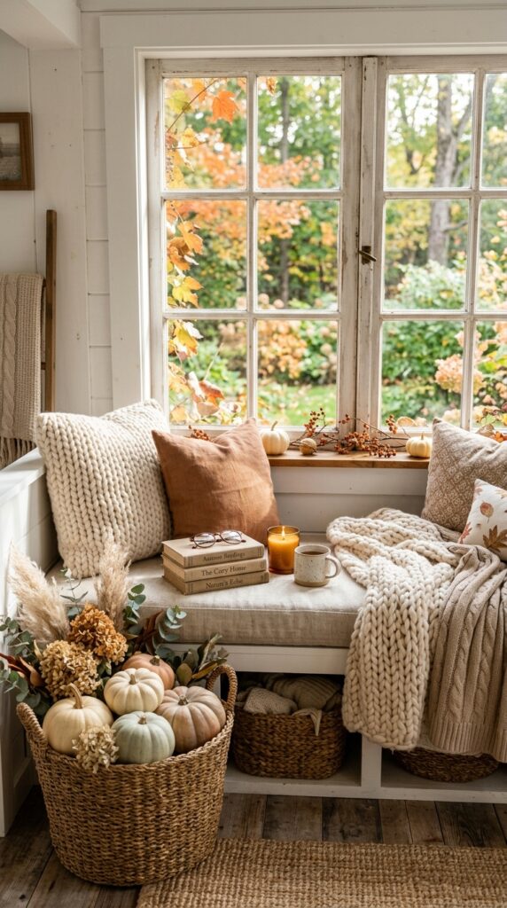 Decorate A Window Bench With Pumpkins