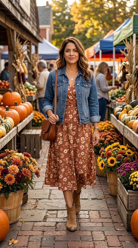 Denim Jacket Over A Floral Midi Dress