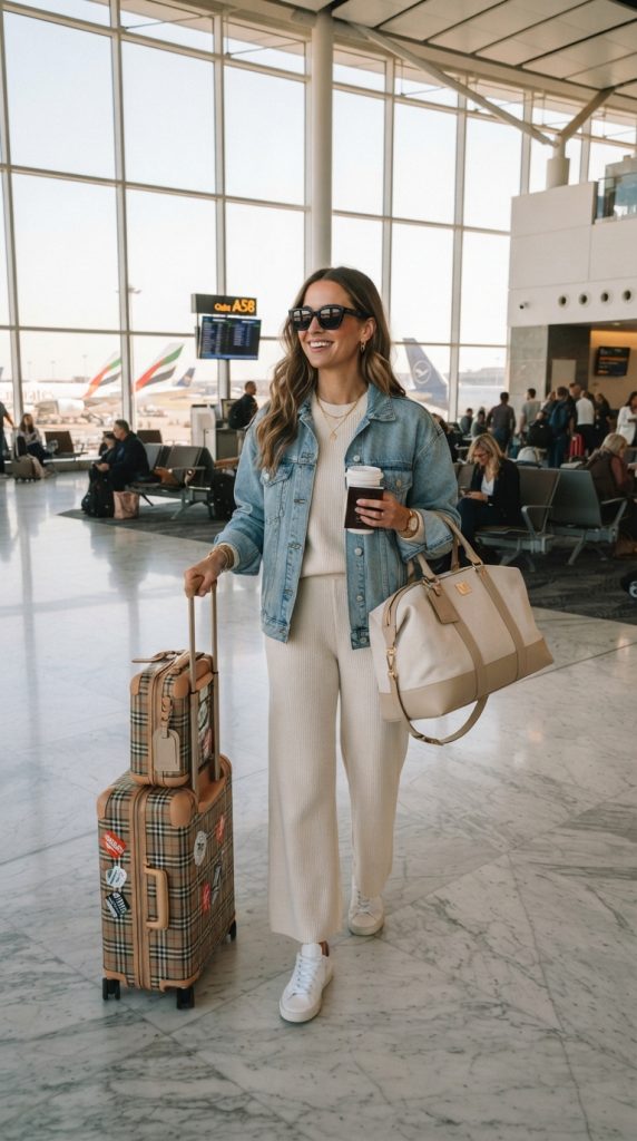 Denim Jacket Over A Matching Lounge Set