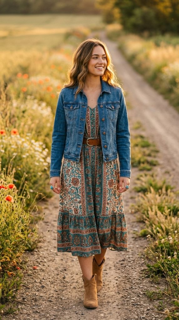 Denim Jacket Over a Boho Midi Dress