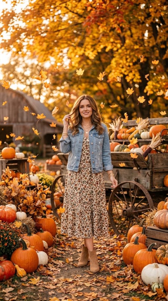 Denim Jacket with Floral Midi Dress