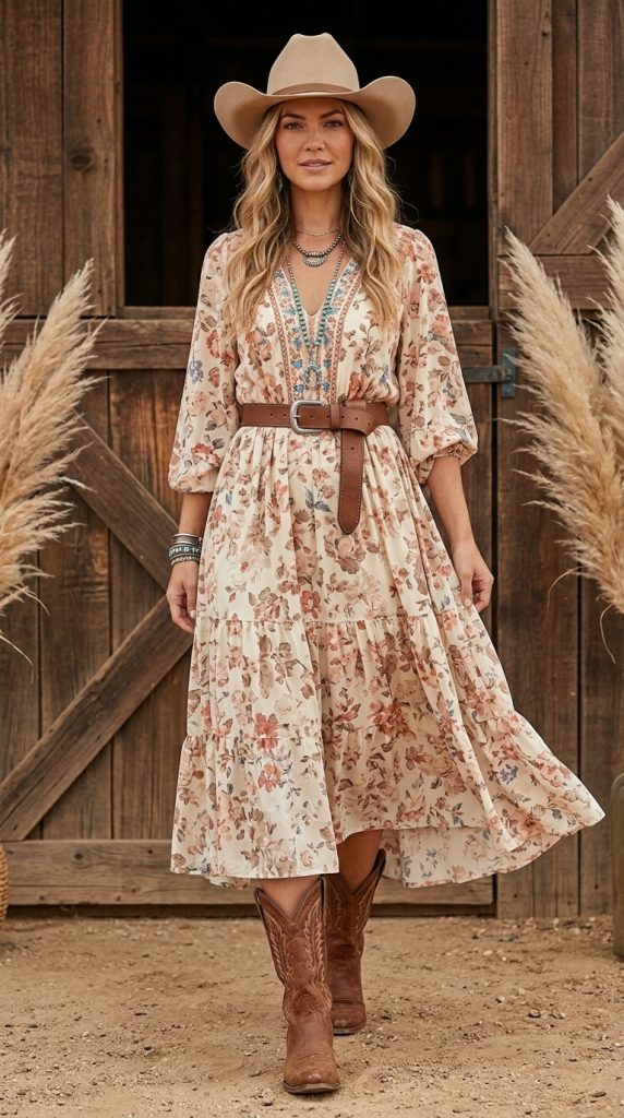 Floral Maxi Dress with Cowboy Boots