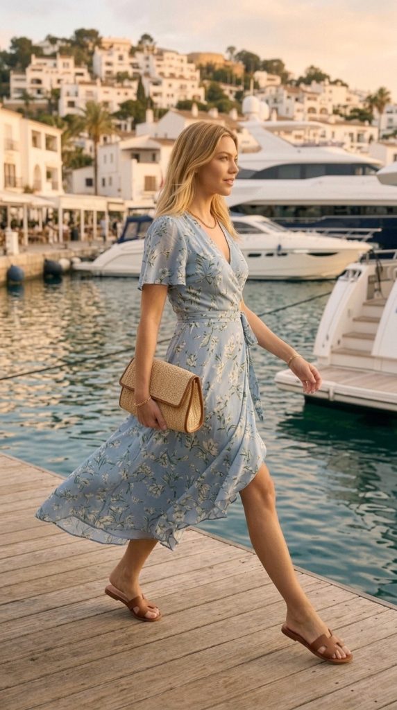 Floral Wrap Dress with Flat Sandals