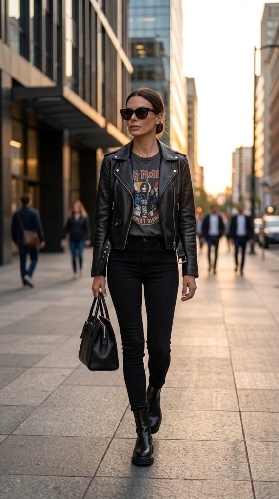 Graphic Tee, Leather Jacket, And Black Jeans
