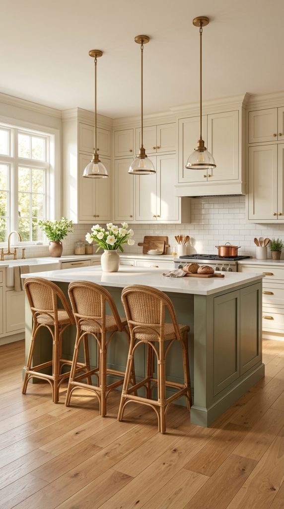 Install Cream Shaker Cabinets with a Sage Green Island