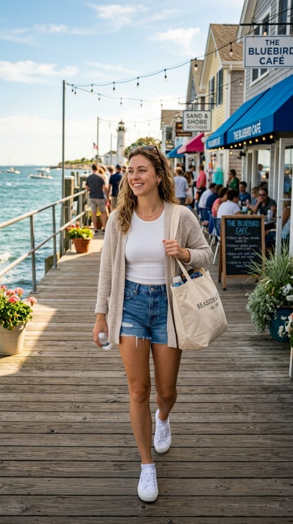 Lightweight Cardigan With Denim Shorts