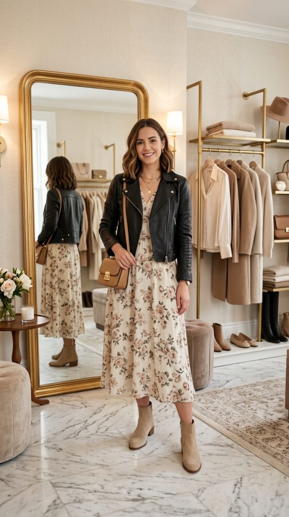 Midi Dress With Leather Jacket