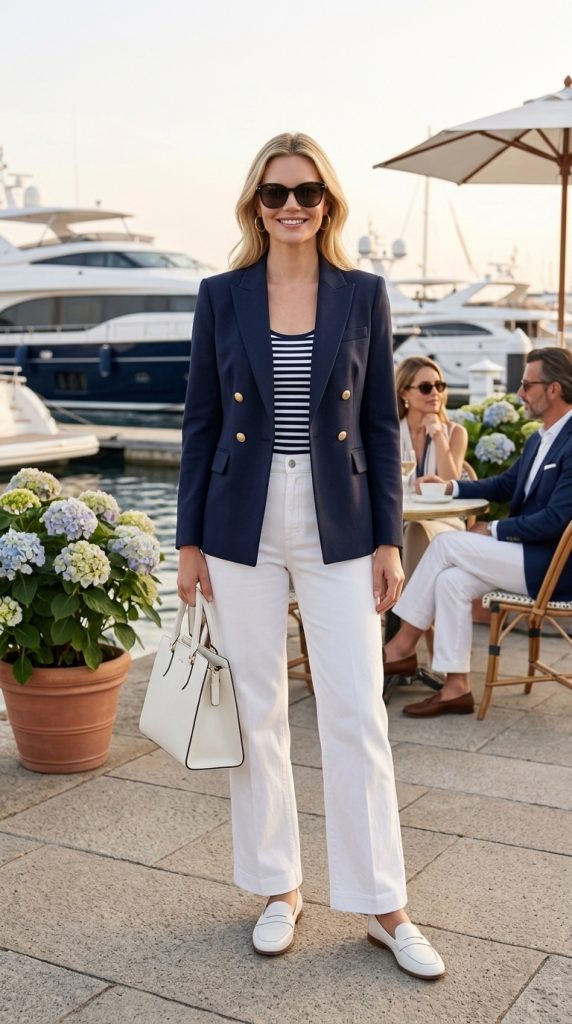 Navy Blazer with White Wide-Leg Pants