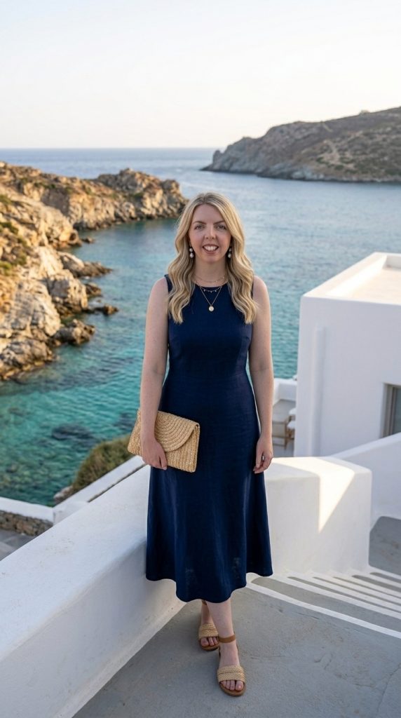 Navy Midi Dress With Raffia Sandals