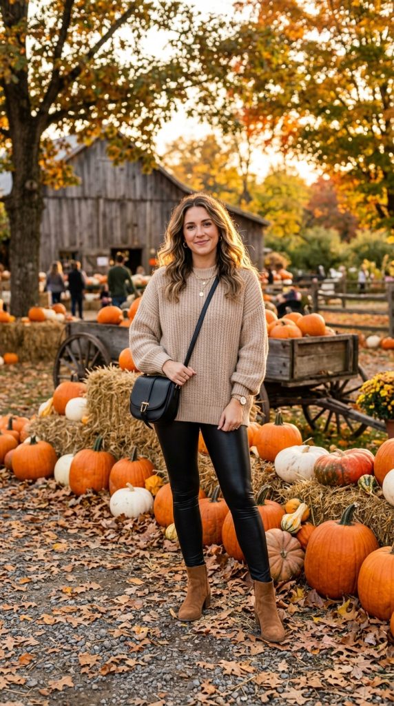 Neutral Sweater with Faux Leather Leggings