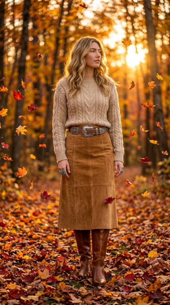 Neutral Sweater with Suede Skirt