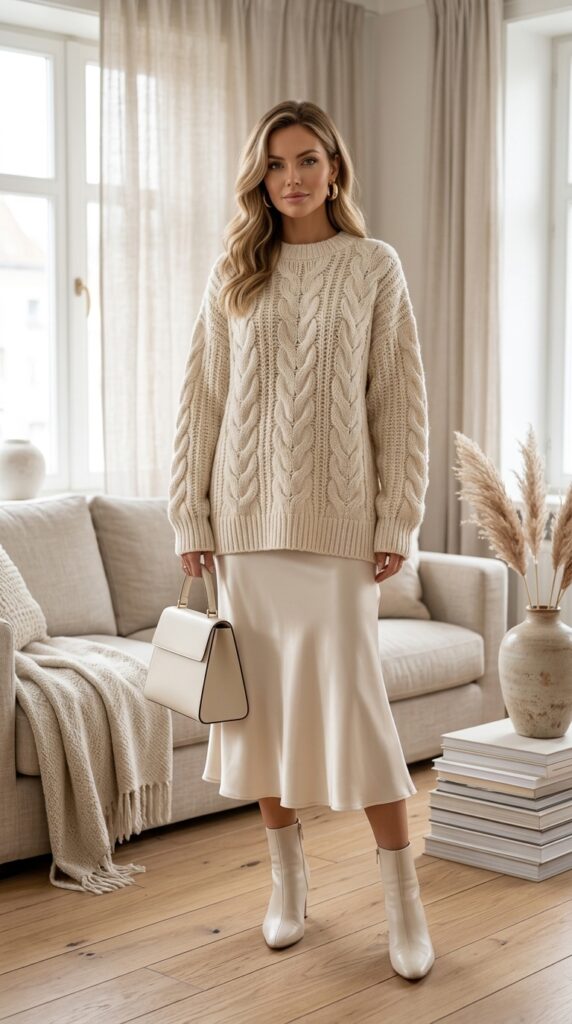 Oversized Cream Sweater with Satin Skirt