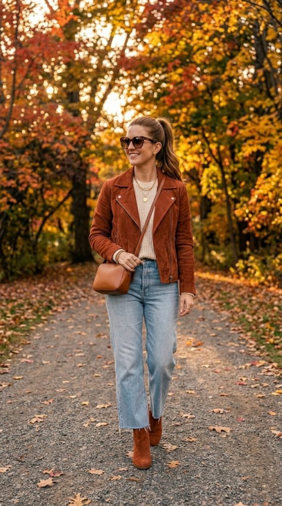 Rust Suede Jacket with Wide-Leg Jeans