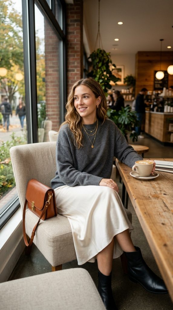 Satin Slip Skirt With A Sweater