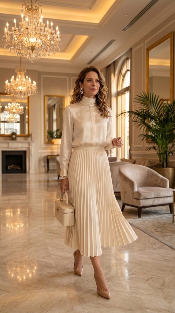 Silk Blouse with Pleated Midi Skirt