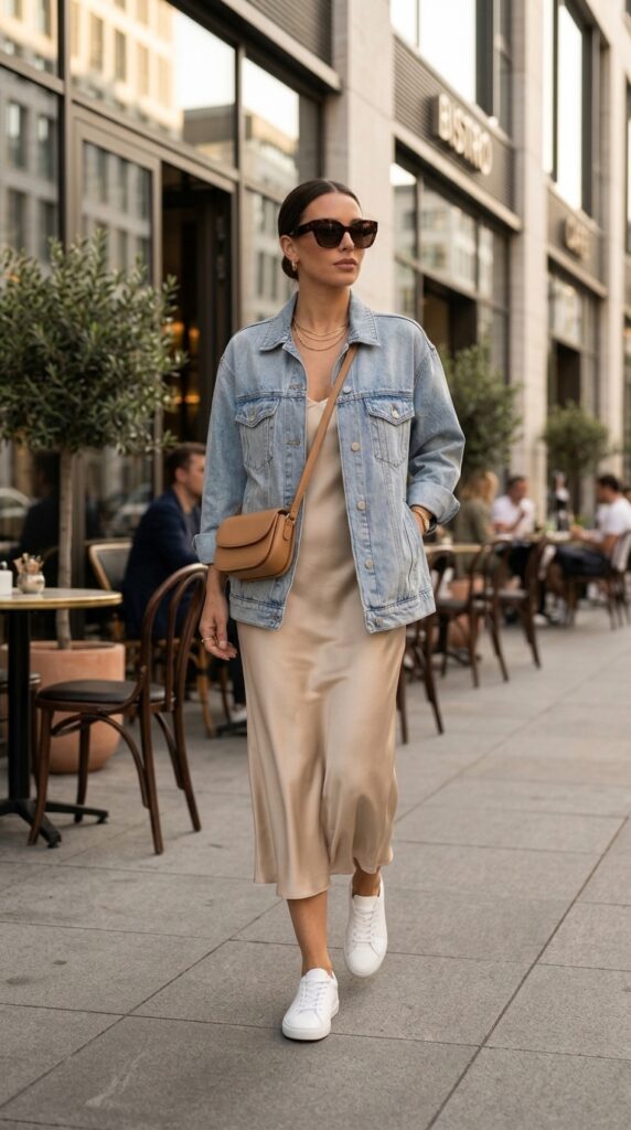Slip Dress, Denim Jacket, And White Sneakers