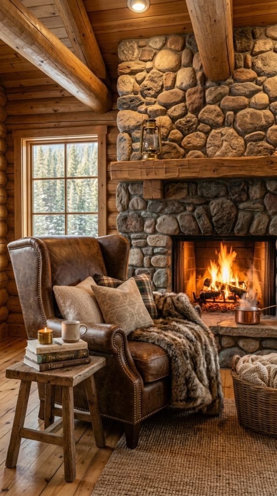 Stone Fireplace Relaxation Corner