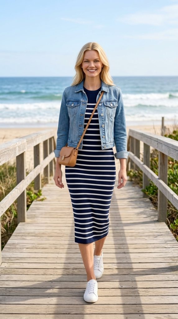 Striped Knit Dress with White Sneakers
