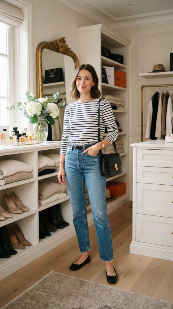 Striped Shirt And Straight Leg Jeans