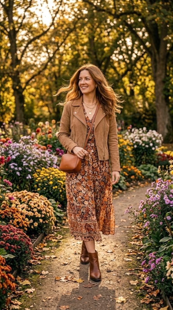 Suede Jacket with Floral Midi Dress