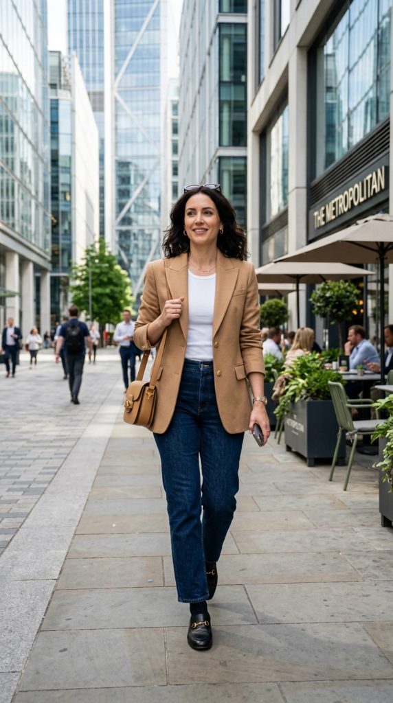 Tailored Blazer Over Straight-Leg Jeans