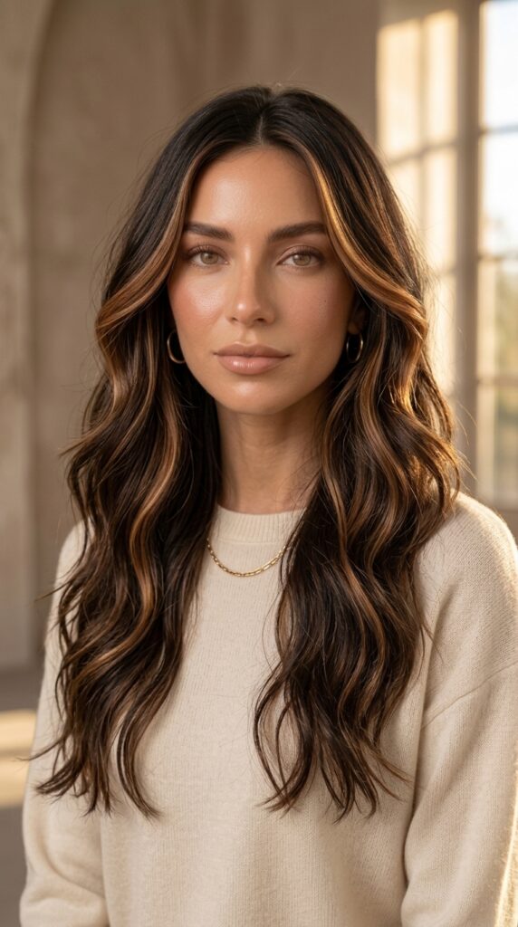 Warm Caramel Ribbons on Dark Brown Hair