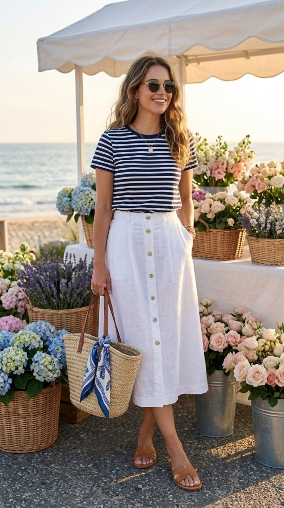 White Button-Front Skirt with Breton Tee