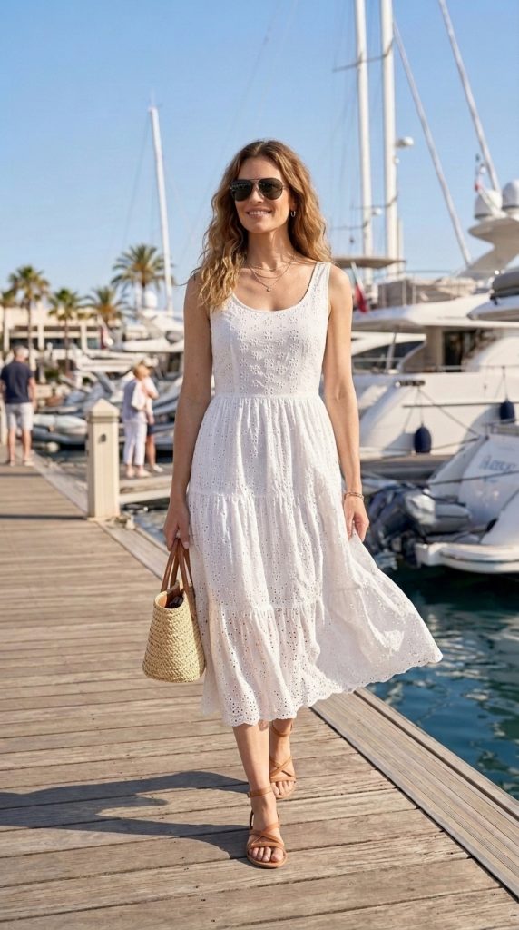 White Eyelet Dress with Straw Accessories