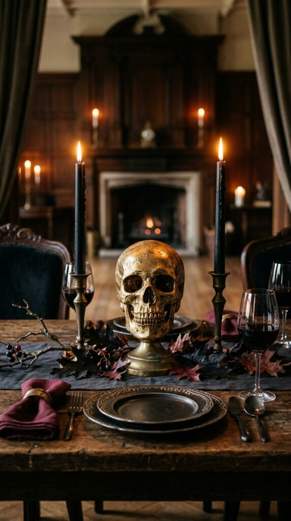 Antique Gold Skull With Black Taper Candles