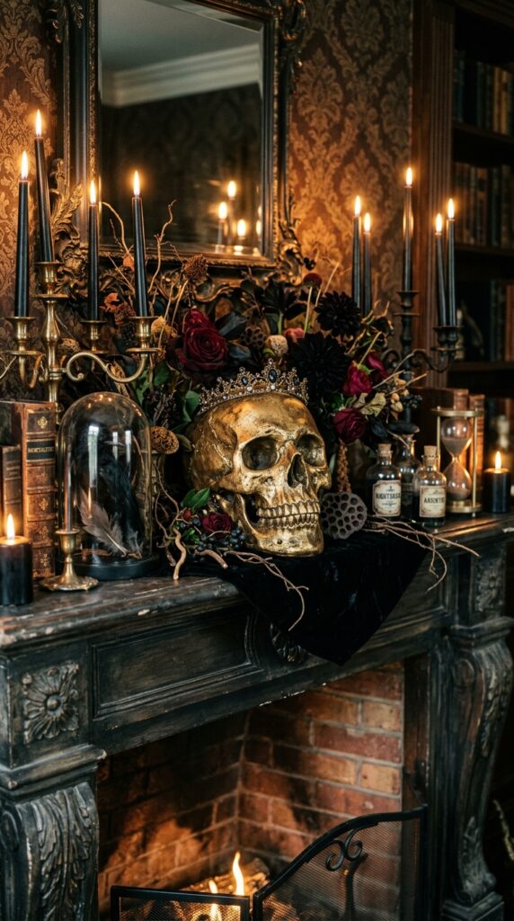Antique Gold Skull and Gothic Candle Display
