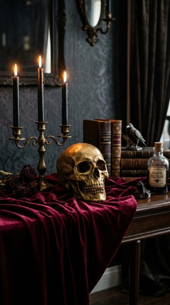 Antique Gold Skull and Velvet Display