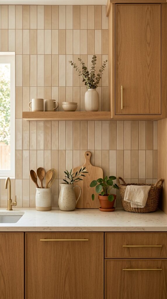Beige Vertical Subway Tile Backsplash
