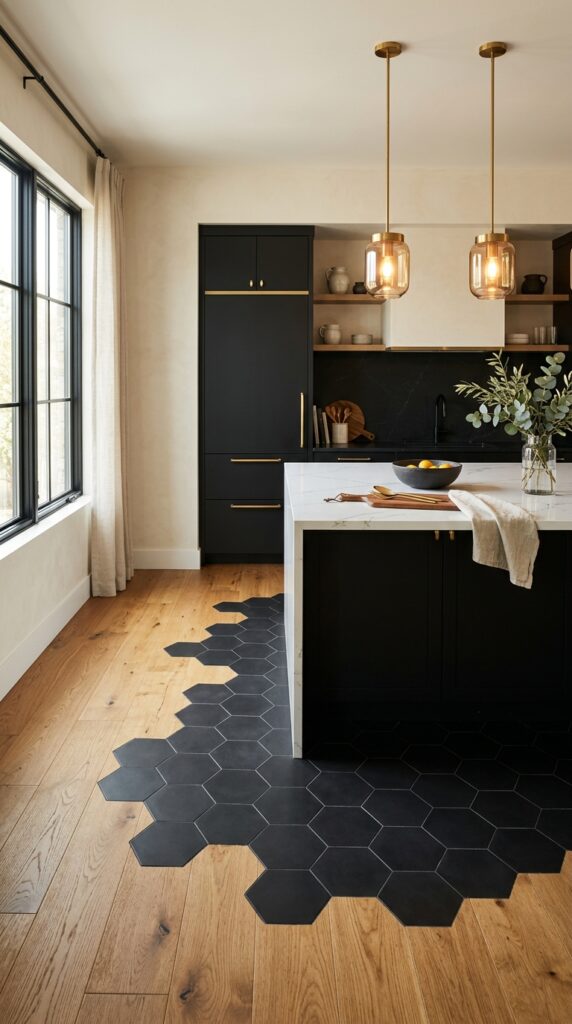 Black Hexagon Tile With Warm Wood