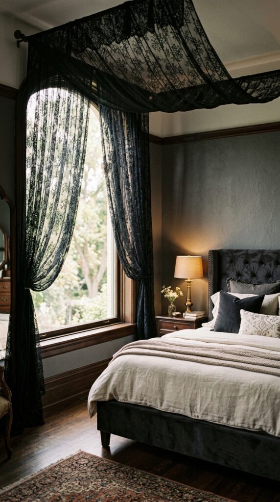 Black Lace Bedroom Canopy Window Look