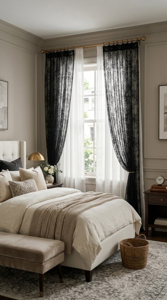 Black Lace Curtains Over White Sheers