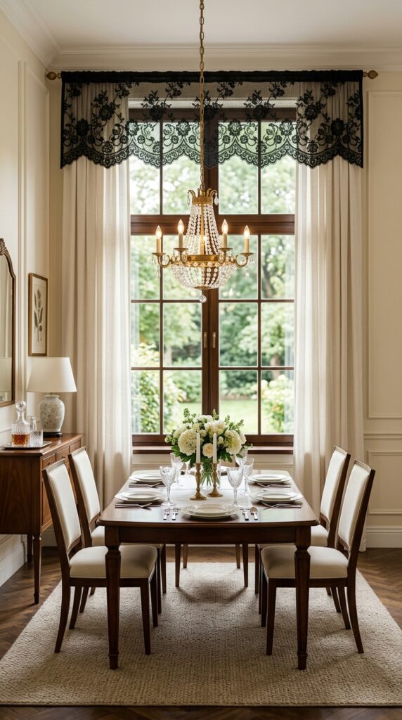 Black Lace Valance With Neutral Curtains