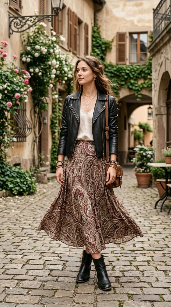 Black Leather Jacket With Boho Skirt